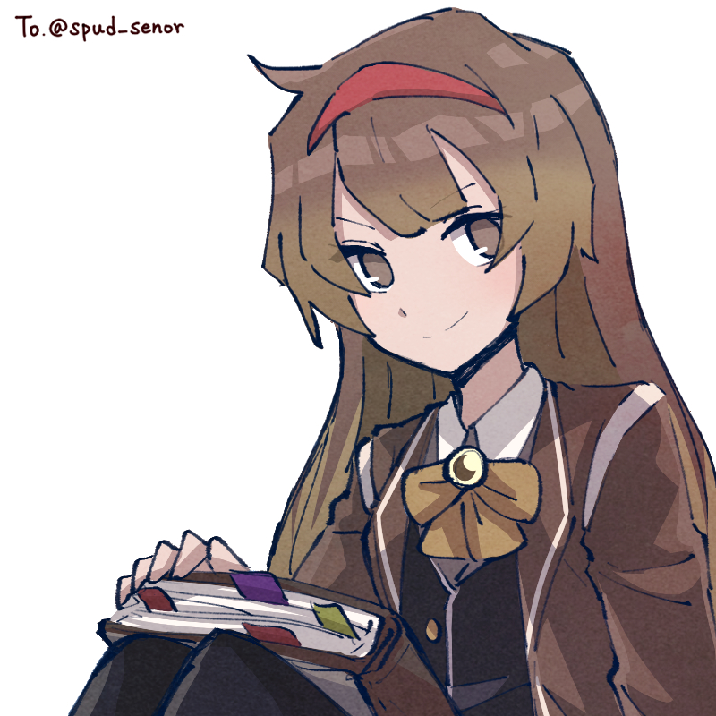 1girl, alonemistrist, book, bow, bowtie, brown_coat, brown_eyes, brown_hair