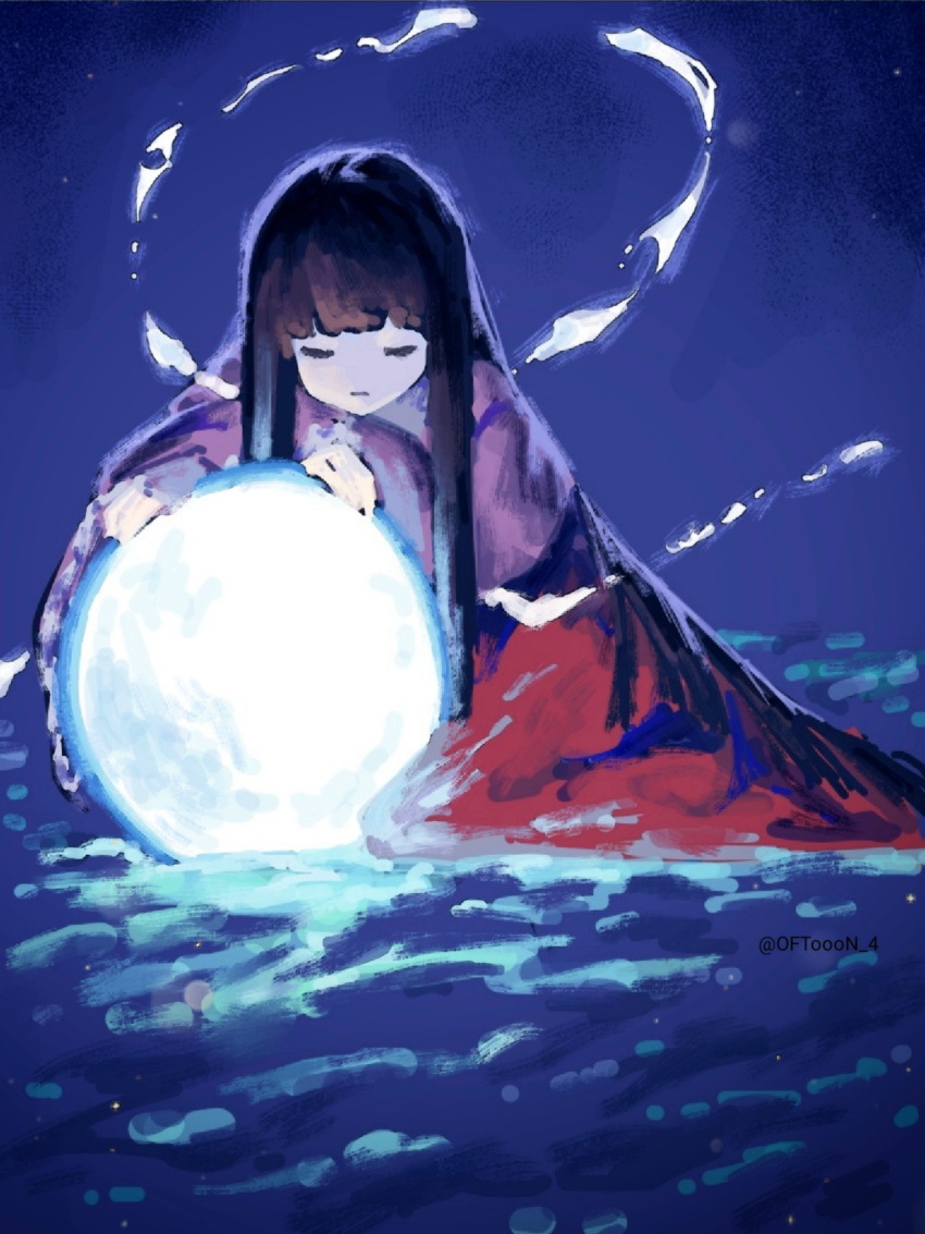 1girl, aojirozame1228, black_hair, blunt_bangs, closed_eyes, closed_mouth, full_moon, highres