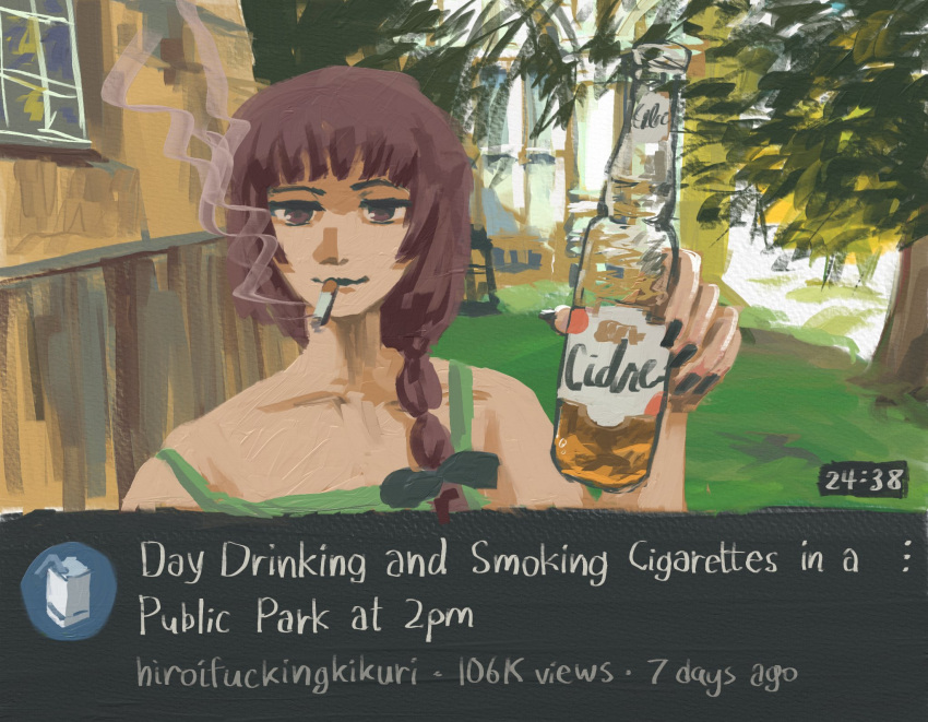 1girl, alcohol, black_bow, black_nails, bocchi_the_rock!, bow, braid, cigarette