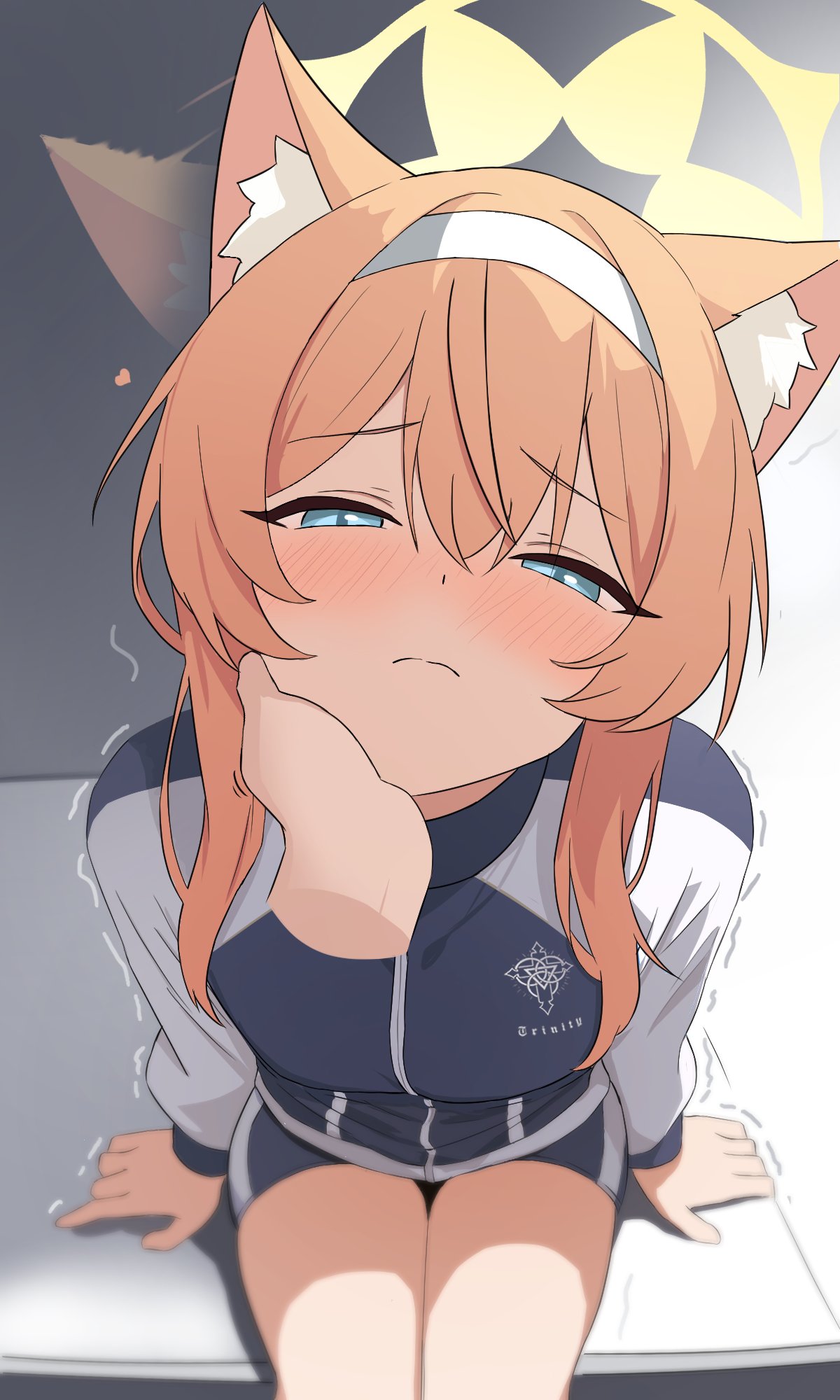 1girl, animal_ear_fluff, animal_ears, arm_support, blue_archive, blue_eyes, blush, closed_mouth, dutch_angle, embarrassed, english_commentary, foreshortening, fox_ears, from_above, genso_(thereisnosauce), gym_shorts, hair_between_eyes, hairband, halo, hand_on_another's_chin, heart, highres, jacket, light_smile, long_sleeves, looking_down, mari_(blue_archive), mari_(track)_(blue_archive), official_alternate_costume, orange_hair, petting, pov, pov_hands, shorts, solo, thighs, track_jacket, trembling, white_hairband