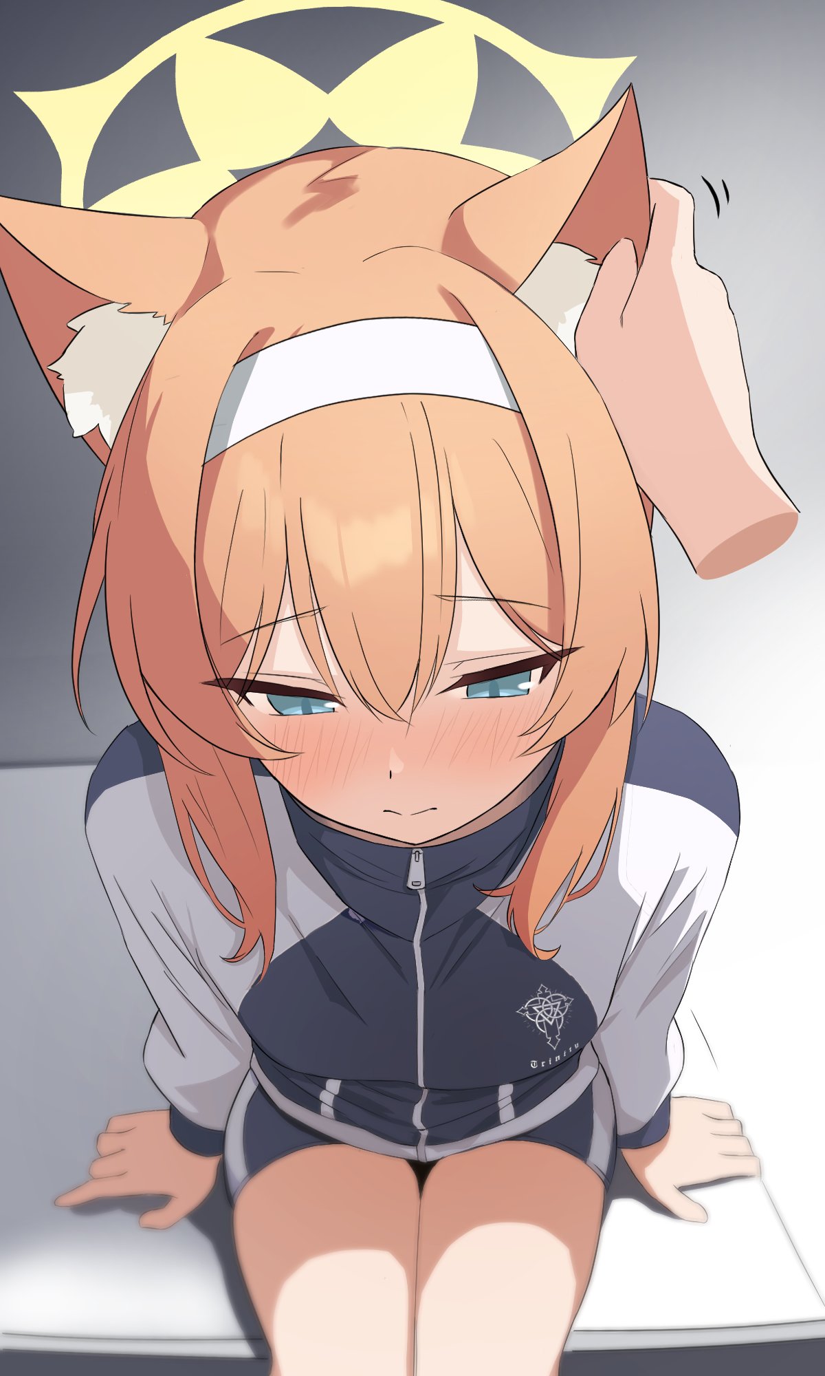 1girl, animal_ear_fluff, animal_ears, arm_support, blue_archive, blue_eyes, blush, closed_mouth