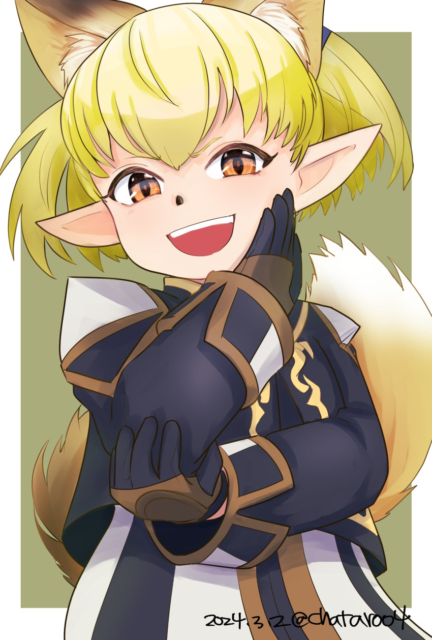 1girl, 2024, :d, animal_ear_fluff, animal_ears, blonde_hair, chatarou_bekkan, dated