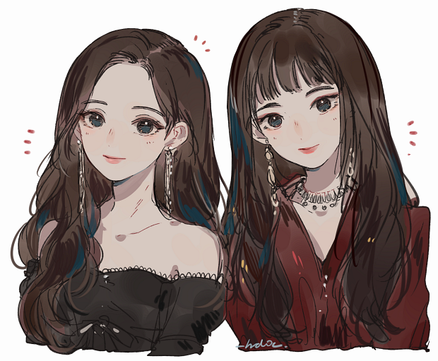 2girls, bad_id, bad_tumblr_id, black_dress, blunt_bangs, brown_hair, dress, earrings, hrd0c, irene_(red_velvet), jewelry, k-pop, long_hair, looking_at_viewer, multiple_girls, necklace, notice_lines, pink_lips, real_life, red_dress, red_lips, red_velvet_(group), seulgi_(red_velvet), simple_background, smile, strapless, strapless_dress, upper_body, white_background