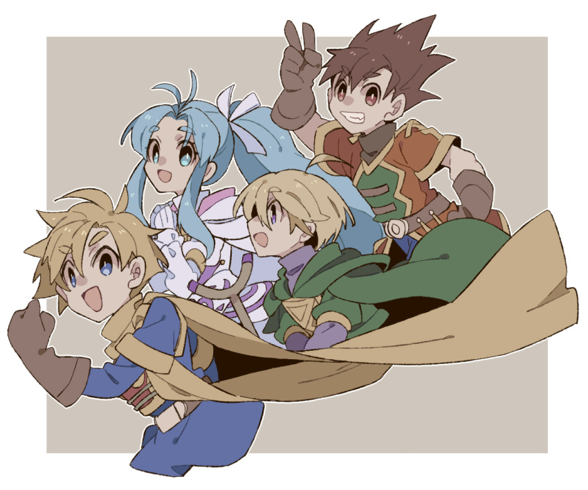 1girl, 3boys, blonde_hair, blue_eyes, blue_hair, brown_eyes, brown_gloves, brown_hair