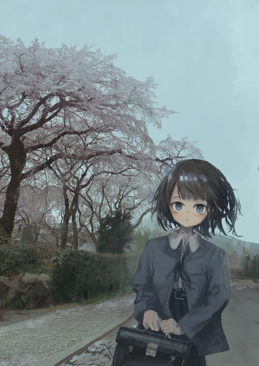 1girl, absurdres, bag, black_hair, black_ribbon, black_skirt, blue_eyes, blue_jacket