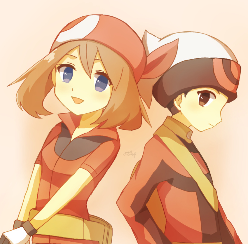1boy, 1girl, :d, bandana, black_eyes, black_gloves, black_hair, blue_eyes, brendan_(pokemon), brown_hair, closed_mouth, gloves, hat, long_sleeves, looking_at_viewer, may_(pokemon), open_mouth, pokemon, pokemon_rse, red_bandana, red_shirt, shirt, short_sleeves, smile, two-tone_gloves, white_gloves, white_hat, ymzmi
