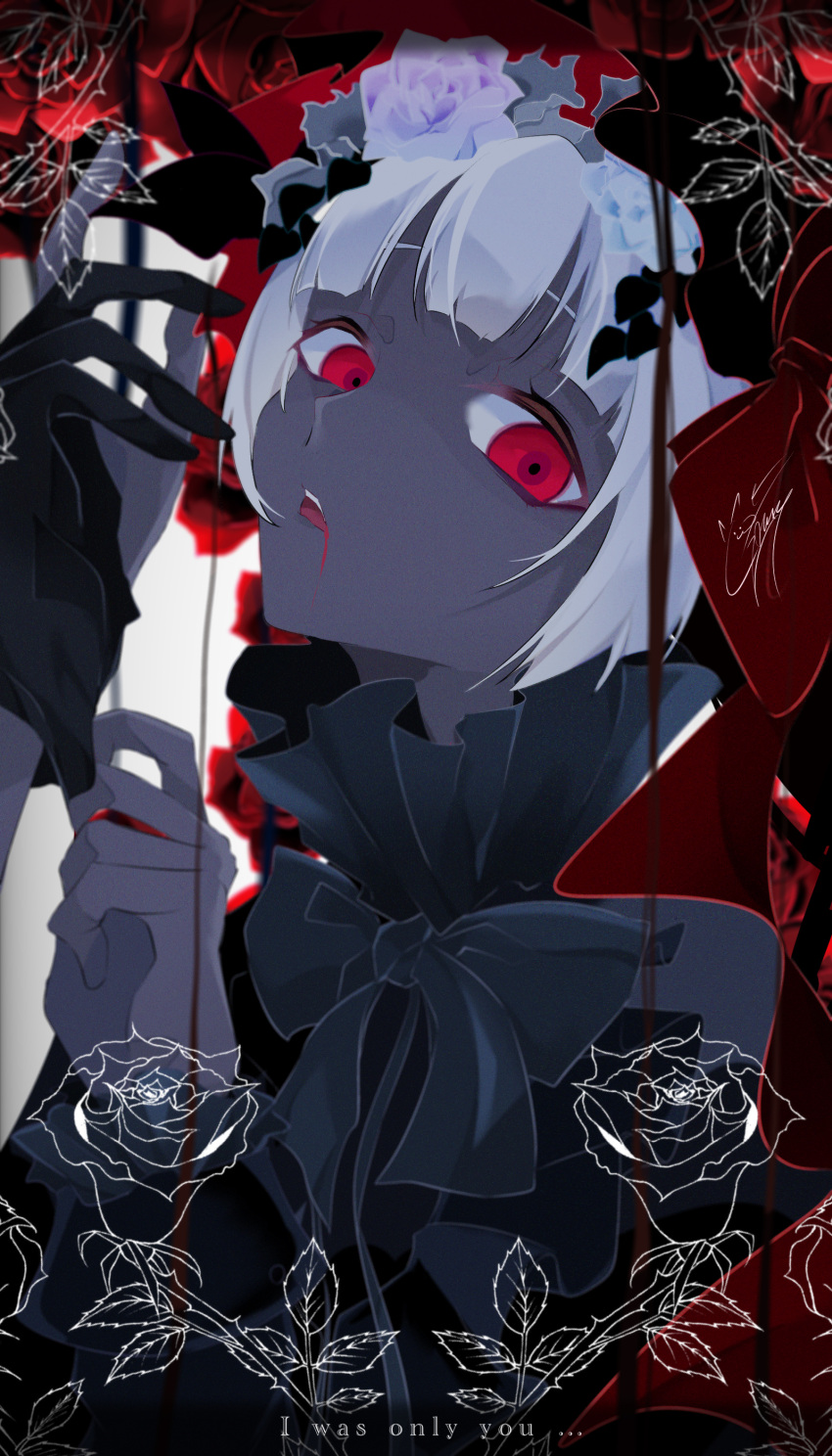1girl, absurdres, blood, blood_from_mouth, blood_on_face, bow, colored_skin, english_text, flower, goma_irasuto, grey_skin, highres, hime_cut, looking_at_viewer, now, original, red_bow, red_eyes, rose, rozen_maiden, solo, straight_hair, white_hair