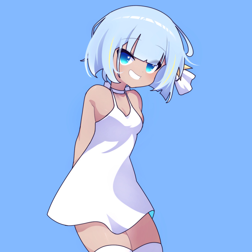 1girl, blue_background, blue_eyes, blue_hair, cross_(vgne4542), dark_skin, dress, highres
