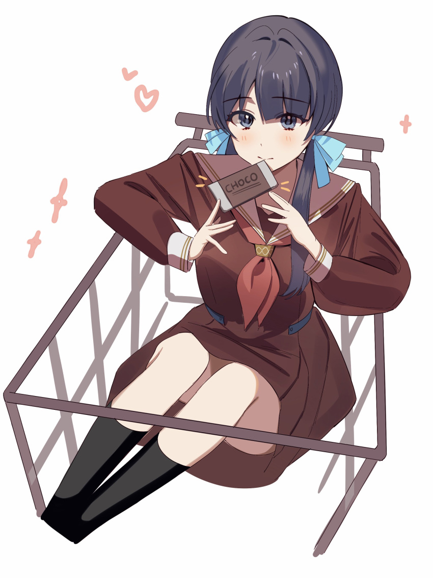 1girl, absurdres, ankle_socks, black_socks, blue_eyes, blue_hair, blue_ribbon, blunt_bangs, brown_dress, candy, chocolate, chocolate_bar, closed_mouth, commentary, cropped_legs, dark_blue_hair, dkou, dress, emphasis_lines, food, hair_ribbon, hasu_no_sora_school_uniform, heart, highres, holding, holding_chocolate, holding_food, in_cart, light_smile, link!_like!_love_live!, long_hair, long_sleeves, looking_at_viewer, love_live!, low_twintails, murano_sayaka, neckerchief, pleated_dress, red_neckerchief, ribbon, sailor_collar, sailor_dress, school_uniform, shopping_cart, simple_background, sitting, socks, solo, sparkle, symbol-only_commentary, twintails, white_background, white_sailor_collar, winter_uniform