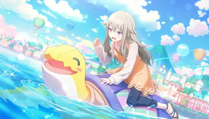 1girl, animal, clenched_hand, colorful_palette, creature, dress, dutch_angle, full_body