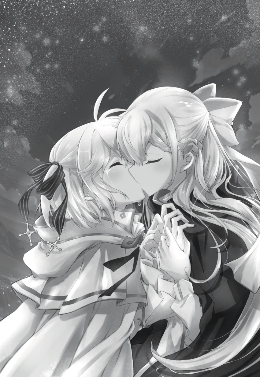2girls, anisphia_wynn_palettia, cape, capelet, chinese_commentary, closed_eyes, commentary_request, crying