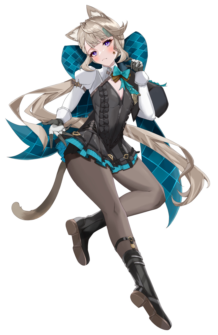 1girl, absurdres, animal_ears, aqua_bow, black_dress, black_footwear, black_pantyhose, boots
