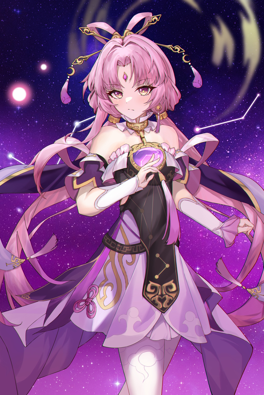 1girl, absurdres, bare_shoulders, bow-shaped_hair, bridal_gauntlets, constellation, constellation_print, detached_sleeves