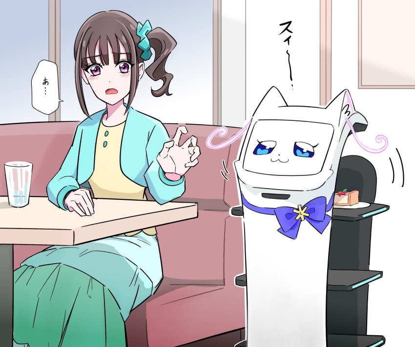 1girl, :3, bellabot, blue_eyes, blue_jacket, bow, cafe, carrefour