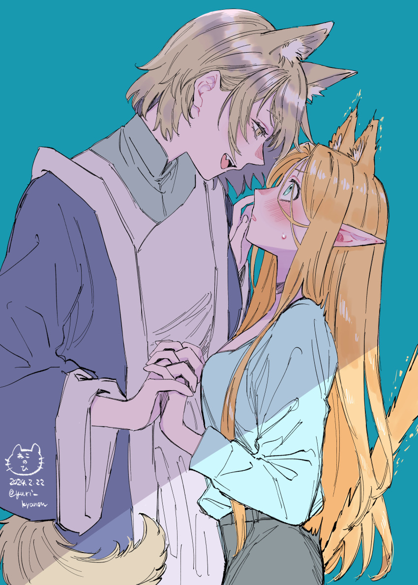 2girls, absurdres, animal_ears, blonde_hair, blue_background, blue_eyes, blue_jacket, blue_shirt, blush, casual, cat, cat_day, cat_ears, cat_girl, cat_tail, choker, commentary_request, dated, dungeon_meshi, elf, expressive_tail, extra_ears, eye_contact, face-to-face, falin_thorden, falin_thorden_(tallman), fang, grey_hair, grey_pants, grey_shirt, hair_behind_ear, hair_between_eyes, hand_on_another's_face, highres, holding_hands, interlocked_fingers, jacket, kemonomimi_mode, long_hair, long_hair_between_eyes, long_sleeves, looking_at_another, marcille_donato, multiple_girls, open_mouth, pants, pointy_ears, profile, robe, shirt, short_hair, sketch, smile, tail, twitter_username, white_robe, wide_sleeves, yuri, yuri_kyanon