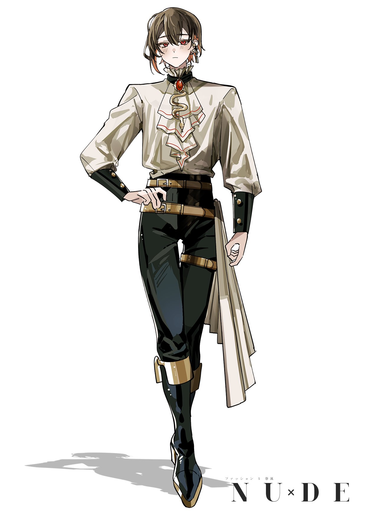 1boy, ascot, belt, black_footwear, black_pants, boots, brown_hair, closed_mouth, commentary_request, e_mo_ka, earrings, full_body, grey_ascot, grey_shirt, hand_on_own_hip, highres, jewelry, knee_boots, long_sleeves, looking_at_viewer, male_focus, multiple_belts, nu_carnival, pants, red_brooch, red_eyes, shadow, shirt, simple_background, solo, thigh_strap, translation_request, waist_cape, white_background, yakumo_(nu_carnival)