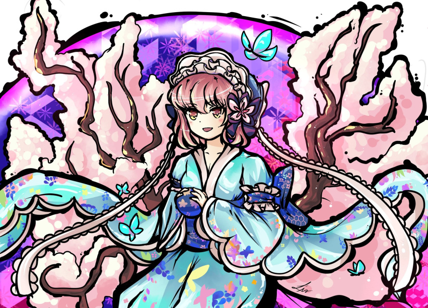 1girl, blue_kimono, blue_sash, bug, butterfly, collarbone, commentary, commission