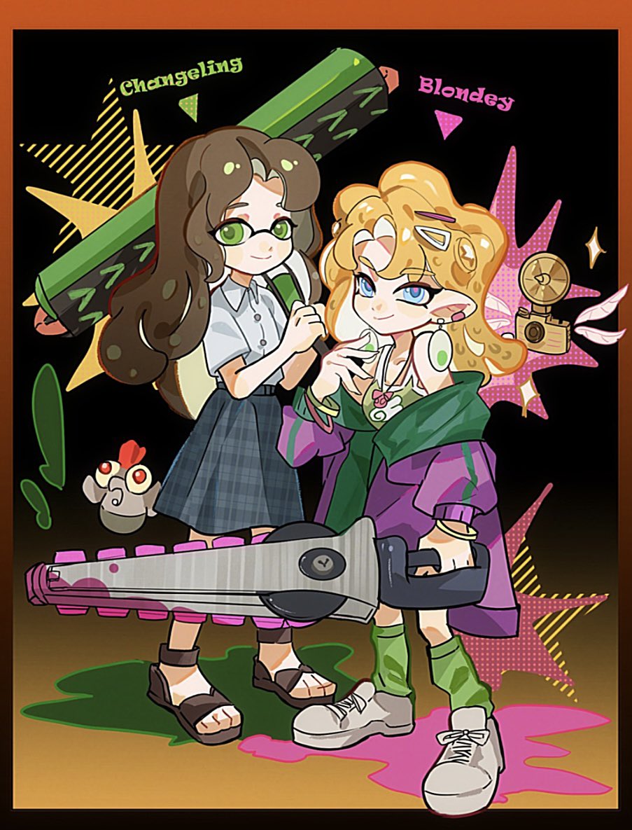 2girls, anne_(reverse:1999), bare_shoulders, bibibi454, black_background, blonde_hair, blonney, blue_skirt