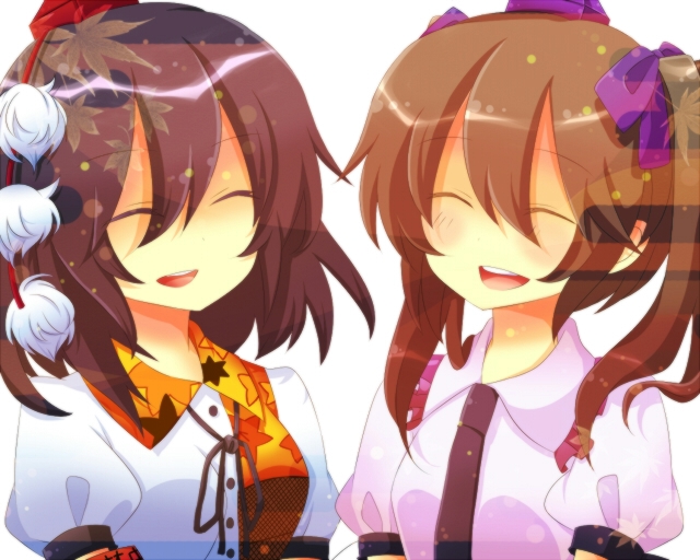 brown_hair, closed_eyes, hair_ribbon, happy, hat, himekaidou_hatate, multiple_girls, necktie