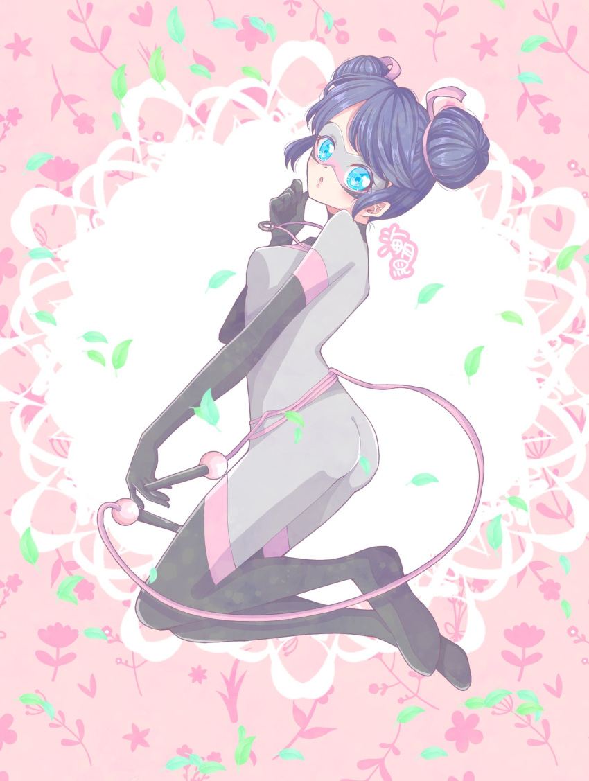 1girl, black_gloves, blue_eyes, blue_hair, bodysuit, double_bun, full_body, gloves, grey_bodysuit, grey_mask, hair_bun, highres, looking_at_viewer, marinette_dupain-cheng, mask, miraculous_ladybug, multimouse_(character), shirt, superhero_costume, umtk_mrmr