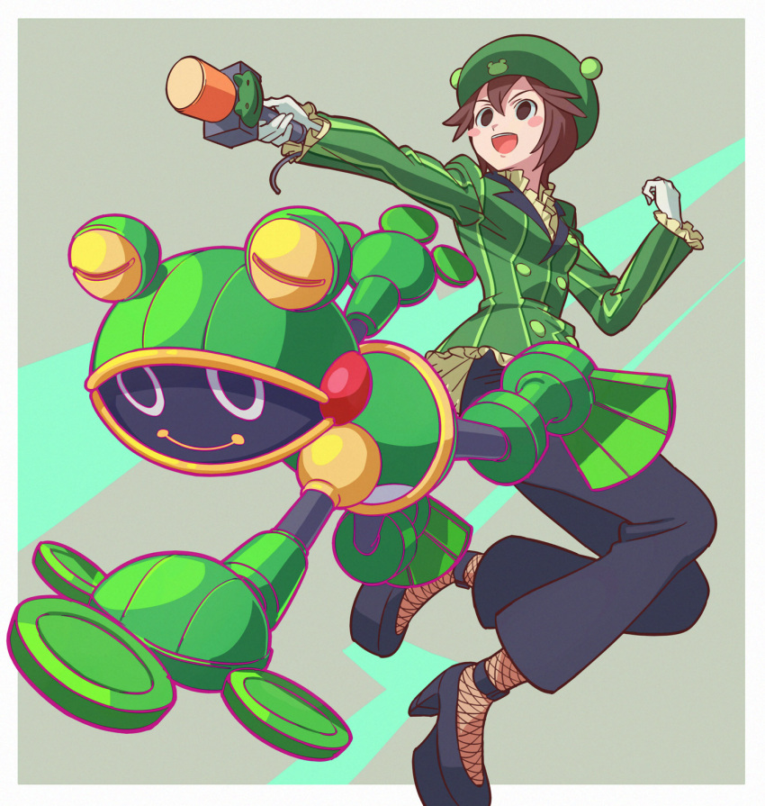 1girl, black_pants, blush_stickers, brown_eyes, brown_hair, coat, commentary, fishnets