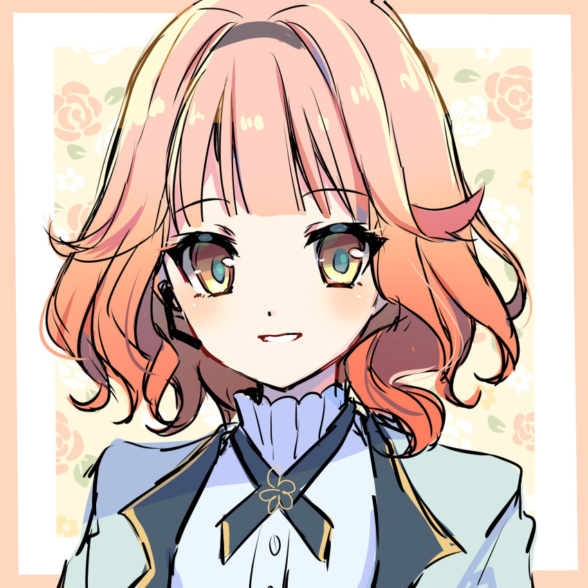 1girl, blush, gothloli_dokuro, grin, hairband, headset, hibiki_koto, highres, jacket, looking_to_the_side, medium_hair, orange_hair, smile, solo, vocaloid, yellow_eyes