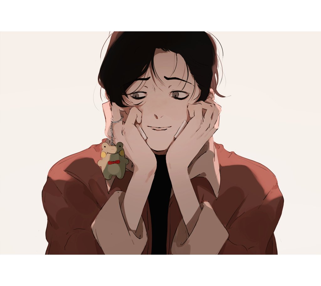 1boy, bags_under_eyes, bandage_on_face, bandages, black_hair, black_shirt, charm_(object), closed_mouth, frog, frog_charm, grey_background, grey_eyes, hands_on_own_face, head_rest, jacket, killing_stalking, long_sleeves, looking_to_the_side, male_focus, naruysae, open_clothes, open_jacket, red_jacket, shirt, short_hair, simple_background, solo, upper_body, yoon_bum