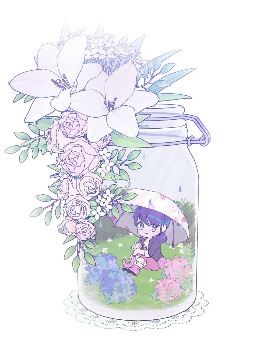 1girl, absurdres, black_jacket, blazer, blue_eyes, blue_hair, bottle, chibi, closed_mouth, flower, highres, holding, holding_umbrella, jacket, lb_black22, looking_at_viewer, marinette_dupain-cheng, miraculous_ladybug, open_clothes, open_jacket, pants, pink_footwear, pink_pants, shirt, sitting, smile, solo, umbrella, white_shirt