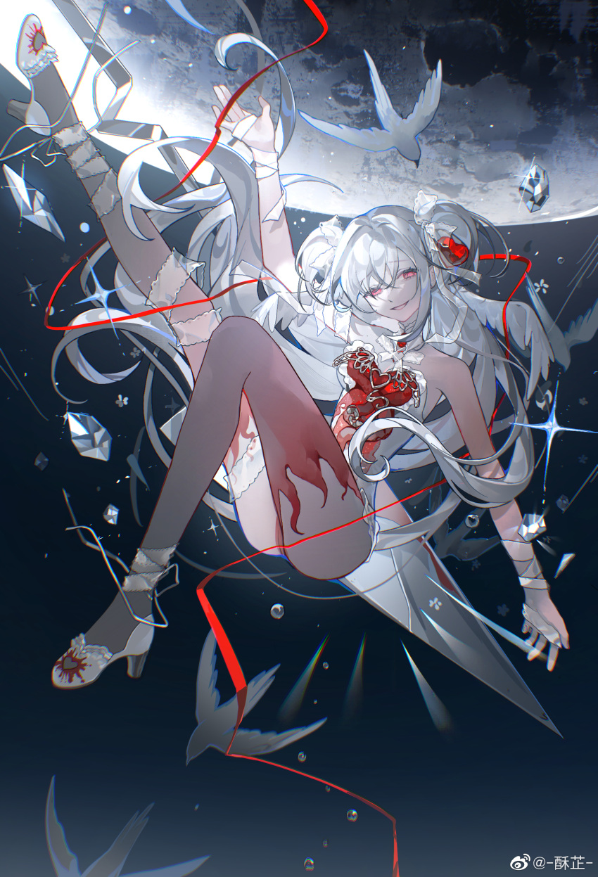 1girl, absurdres, air_bubble, arm_up, bandaged_arm, bandages, bare_shoulders, bird, bodice, bow, bubble, chinese_commentary, commentary_request, commission, detached_collar, double_bun, empty_eyes, floating, floating_hair, from_side, full_body, gradient_legwear, hair_bow, hair_bun, hair_ornament, half-closed_eyes, head_wings, heart, heart_hair_ornament, highres, leg_up, leg_wrap, long_hair, looking_at_viewer, moon, original, outstretched_arm, pink_eyes, red_bodice, red_ribbon, ribbon, shards, shoes, smile, solo, space, sparkle, su_zhi, thigh-highs, two-tone_thighhighs, weibo_logo, weibo_username, white_footwear, white_hair, white_wings, wings