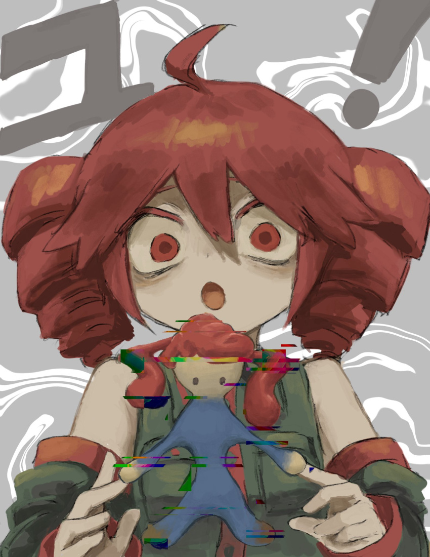 1girl, :o, abstract_background, ahoge, amen_(amemen2222), bags_under_eyes, bare_shoulders, character_doll