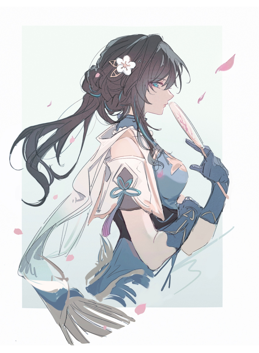 1girl, absurdres, black_hair, blue_background, blue_dress, blue_eyes, blue_gloves, border, chinese_commentary, commentary_request, cropped_torso, detached_sleeves, dress, elbow_gloves, expressionless, falling_petals, flower, from_side, gloves, hair_flower, hair_ornament, haiyuan182, highres, holding, holding_paddle, honkai:_star_rail, honkai_(series), looking_at_viewer, medium_hair, outside_border, paddle, petals, profile, ruan_mei_(honkai:_star_rail), simple_background, sketch, solo, tassel, upper_body, white_border, white_flower