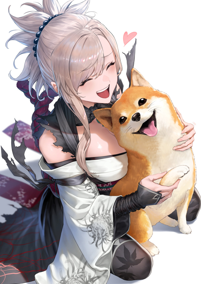 1girl, animal, bare_shoulders, blush, chrysanthemum_print, closed_eyes, commentary_request, dog
