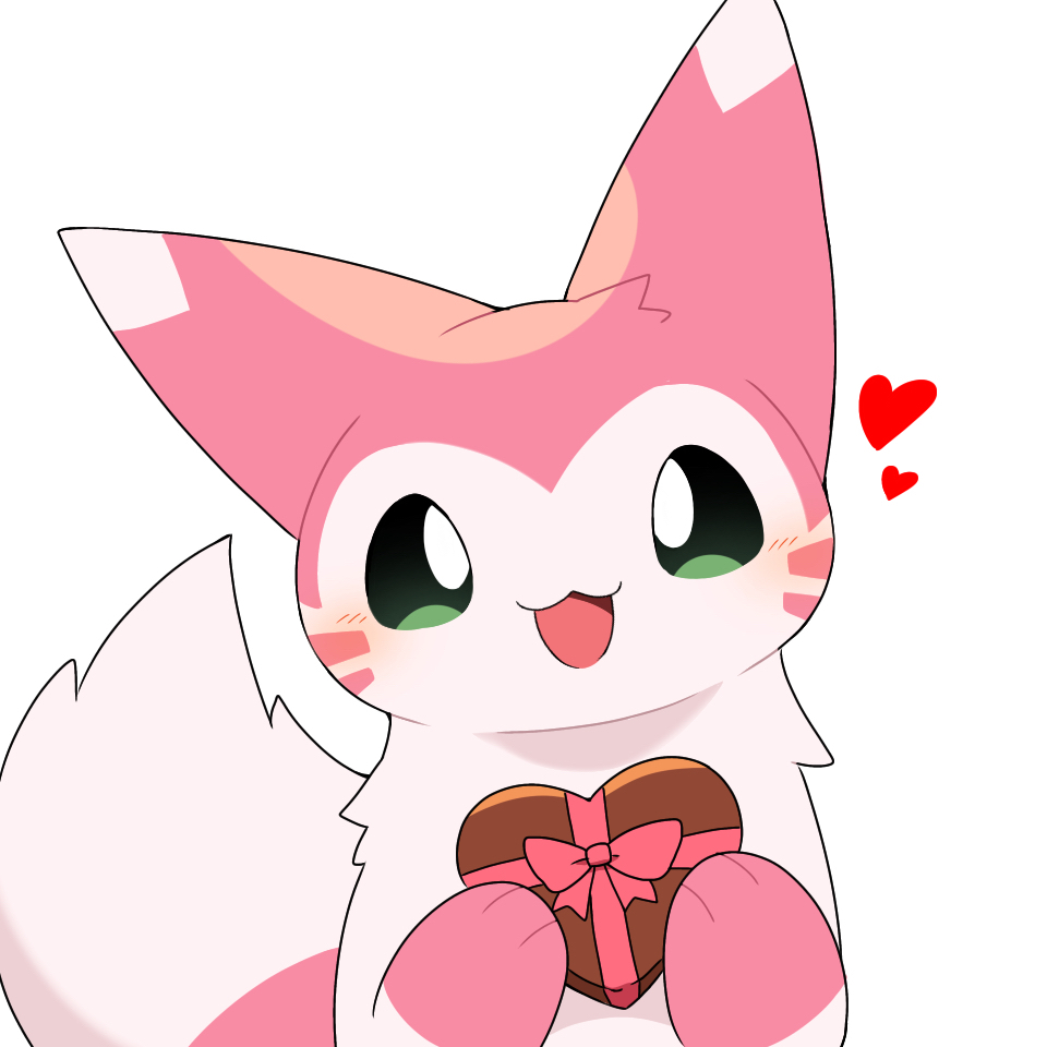 alternate_color, bow, candy, chocolate, commentary, food, furret, green_eyes, heart, heart-shaped_chocolate, holding, no_humans, open_mouth, pink_bow, pokemon, pokemon_(creature), shiny_pokemon, smile, symbol-only_commentary, taro_(tontaro)