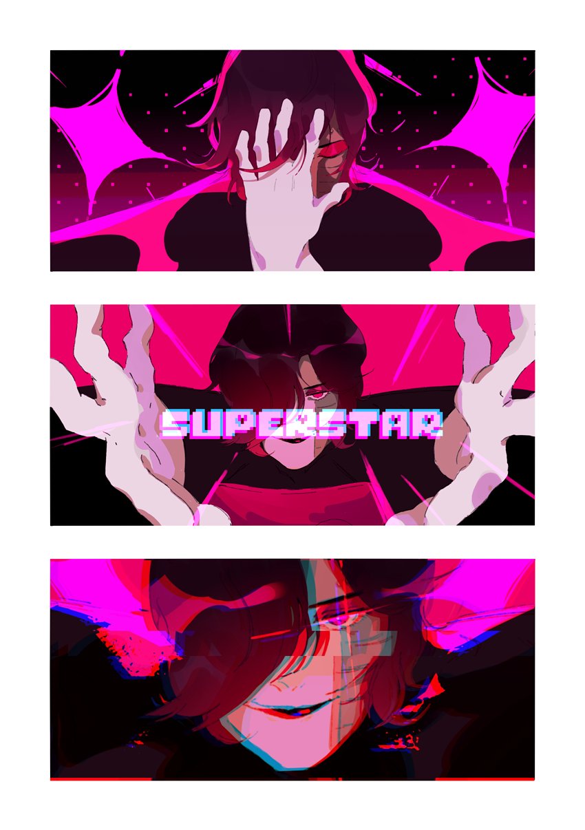 1boy, black_lips, chromatic_aberration, closed_mouth, english_text, eyeshadow, glint, glitch