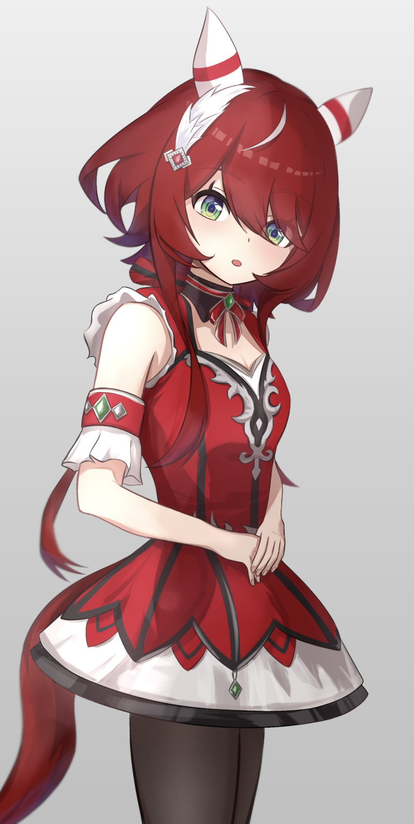 1girl, animal_ears, blush, breasts, collarbone, commentary_request, green_eyes, hair_between_eyes, hair_ornament, highres, horse_girl, looking_at_viewer, low_twintails, own_hands_together, pantyhose, pilinthia, red_eyes, redhead, simple_background, sleeveless, small_breasts, solo, twintails, umamusume, white_background, win_variation_(umamusume)