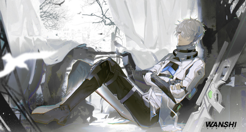 1boy, absurdres, alternate_costume, bare_tree, black_footwear, black_pants, boots, building