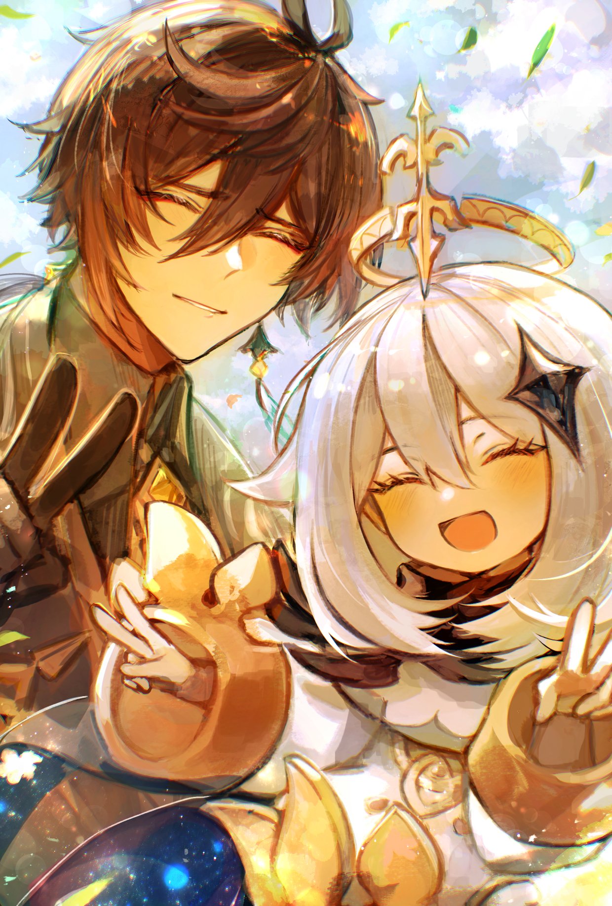 1boy, 1girl, ^_^, black_gloves, black_hair, blush, brown_hair, closed_eyes