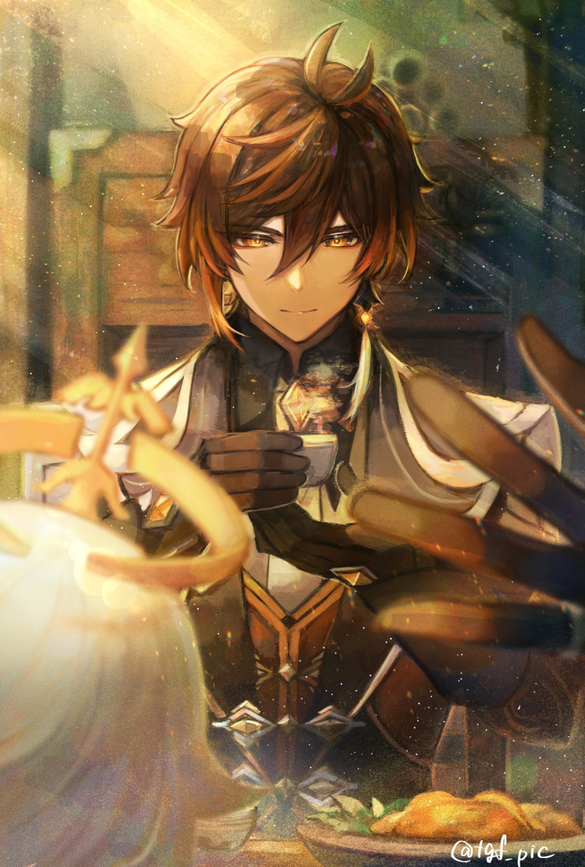1boy, 1girl, black_gloves, black_hair, brown_hair, closed_mouth, coat, cup