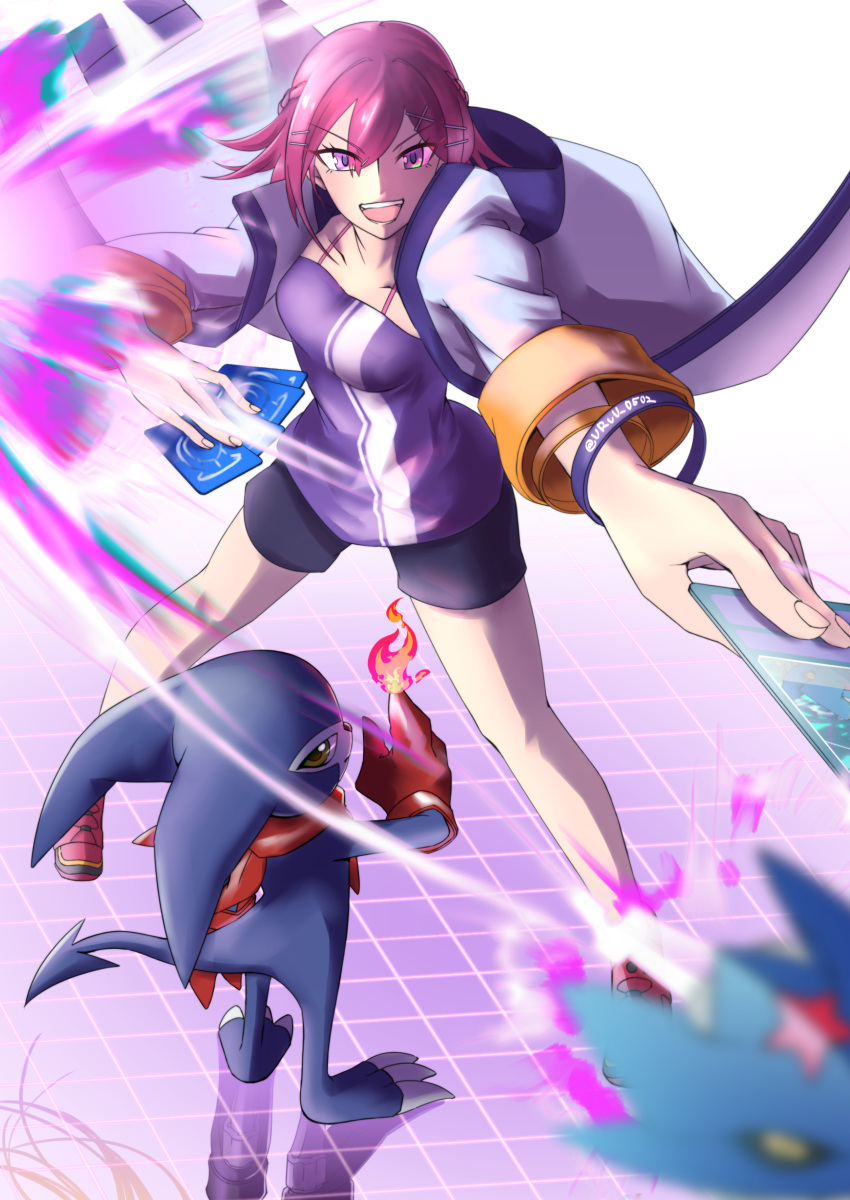 1girl, 1other, absurdres, bandana, bandana_around_neck, beelstarmon, black_shorts, braid