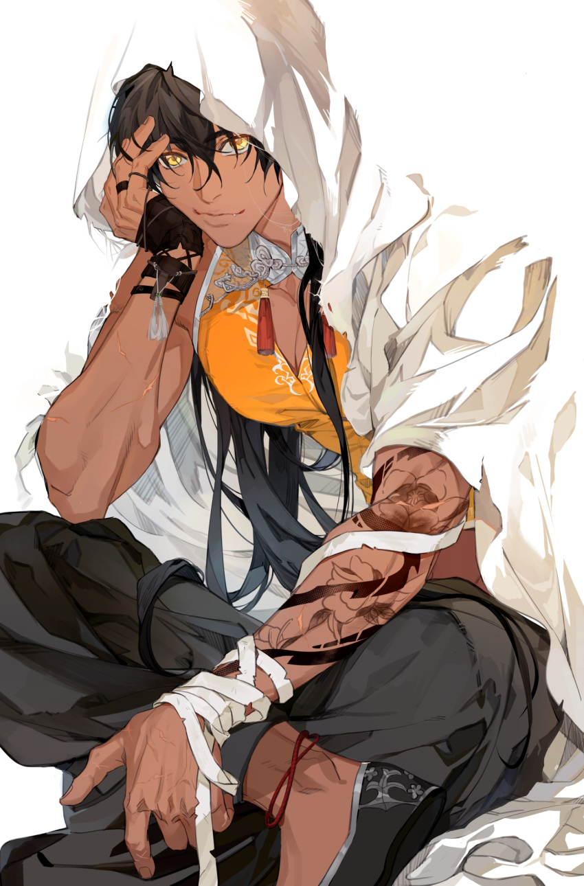 1boy, arm_strap, arm_tattoo, bandaged_arm, bandages, black_hair, chinese_clothes, dark_skin