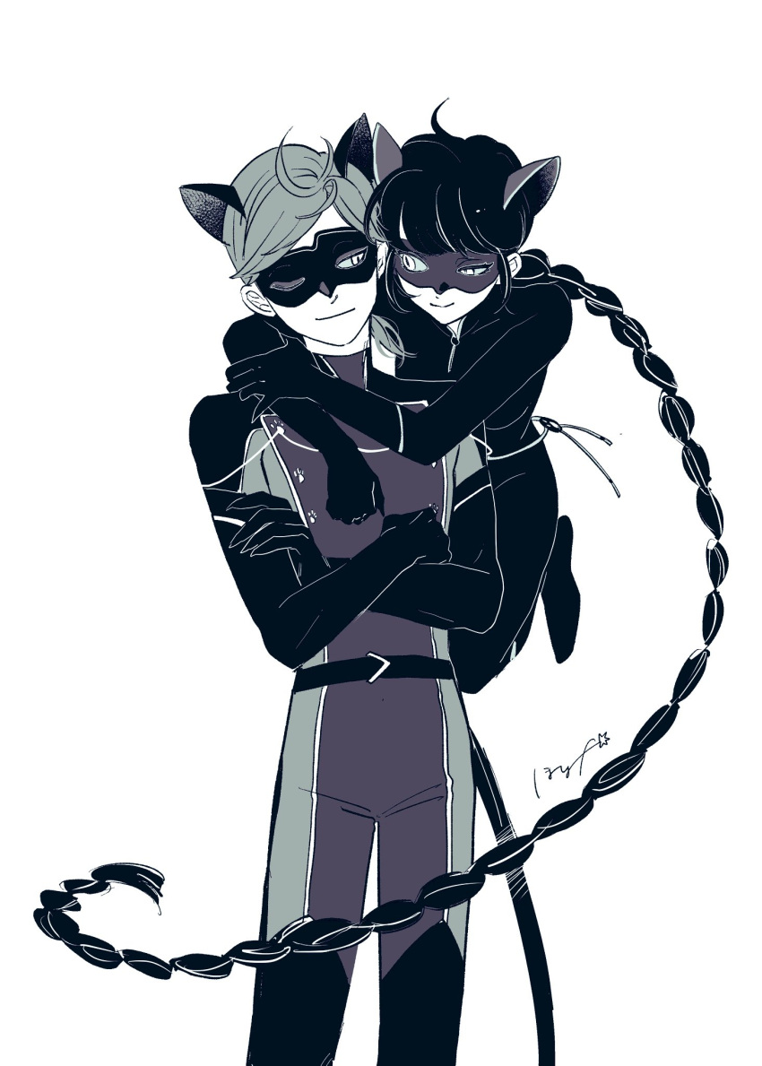 1boy, 1girl, adrien_agreste, animal_ears, black_bodysuit, black_hair, black_mask, bodysuit, braid, cat_ears, cat_girl, chat_walker, closed_mouth, grey_hair, highres, hoshi_mi, hug, hug_from_behind, lady_noir, long_hair, marinette_dupain-cheng, mask, miraculous_ladybug, simple_background, single_braid, slit_pupils, smile, superhero_costume, white_background