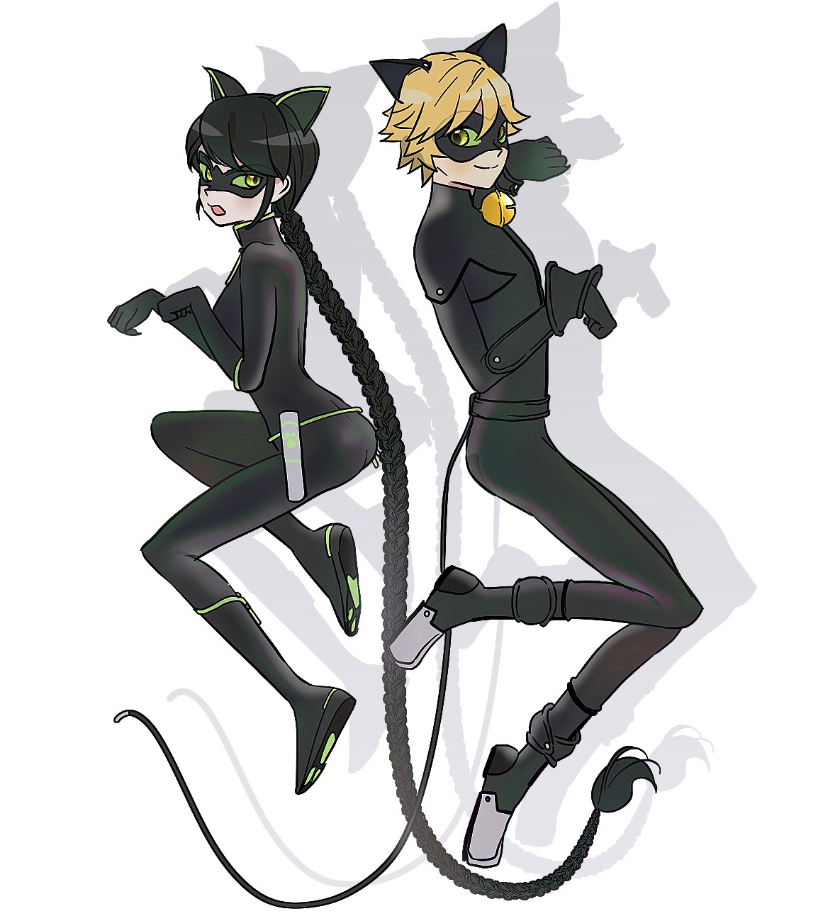 1boy, 1girl, adrien_agreste, animal_ears, black_bodysuit, black_cat, black_hair, black_mask