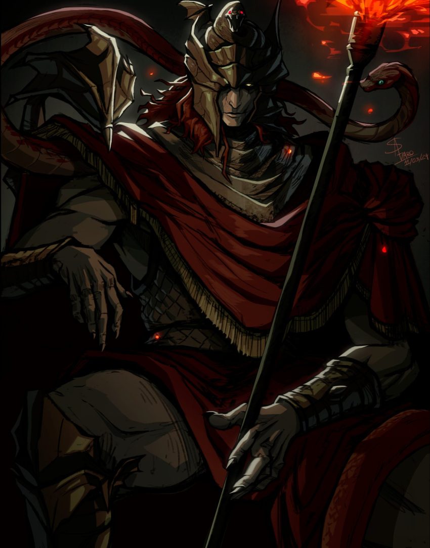 1boy, armor, black_snake, chainmail, elden_ring, elden_ring:_shadow_of_the_erdtree, embers, fire, helmet, highres, holding, holding_polearm, holding_weapon, long_hair, looking_at_viewer, messmer_the_impaler, one_eye_closed, ornate, ornate_armor, polearm, red_robe, red_snake, redhead, robe, saivaro_(axel_fraxel), single_bracelet, single_vambrace, slit_pupils, snake, snake_on_shoulder, solo, vambraces, weapon, winged_helmet, yellow_eyes
