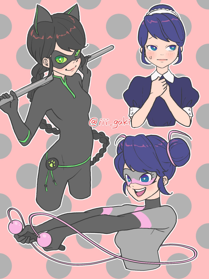 3girls, animal_ears, black_bodysuit, black_hair, black_mask, blue_eyes, blue_hair, blue_shirt