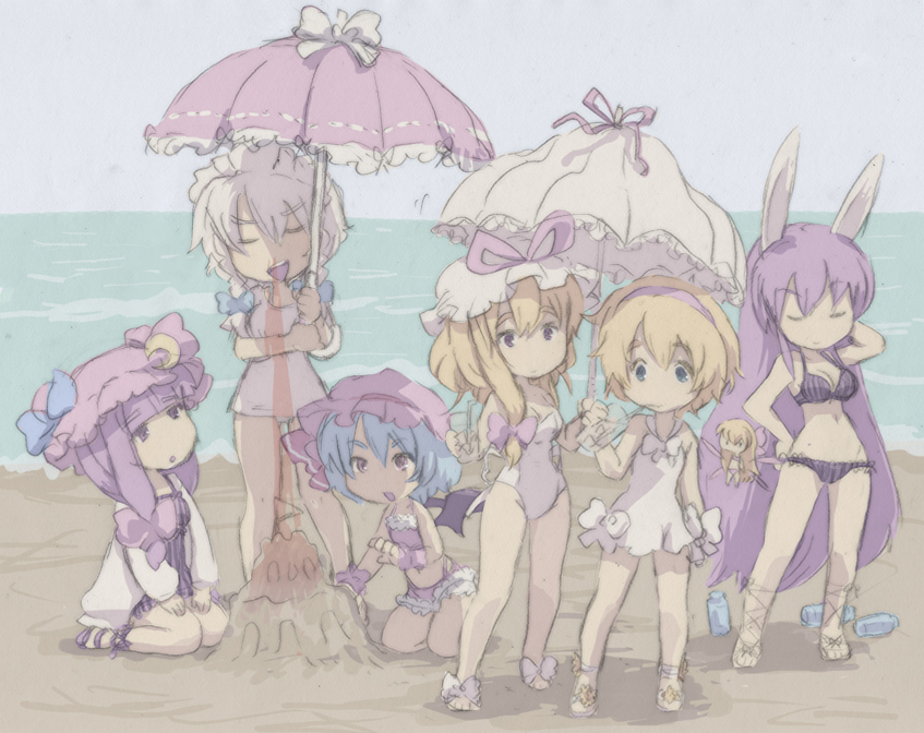 alice_margatroid, animal_ears, bat_wings, beach, bikini, blood, bunny_ears, izayoi_sakuya