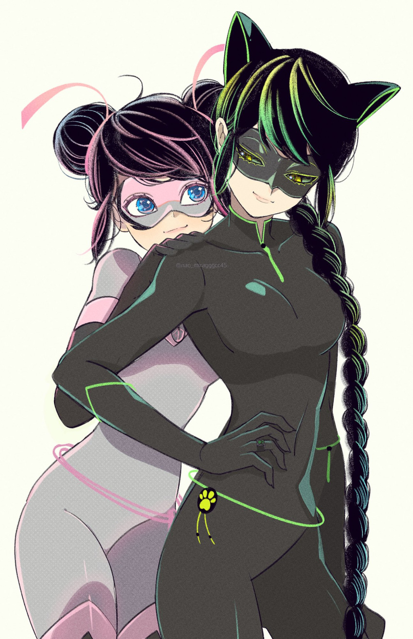 2girls, animal_ears, black_bodysuit, black_hair, black_mask, bodysuit, braid, cat_ears