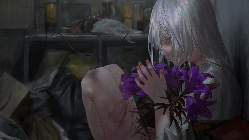 absurdres, against_wall, blood, blood_on_hands, blue_eyes, bruise, bruise_on_neck, dark