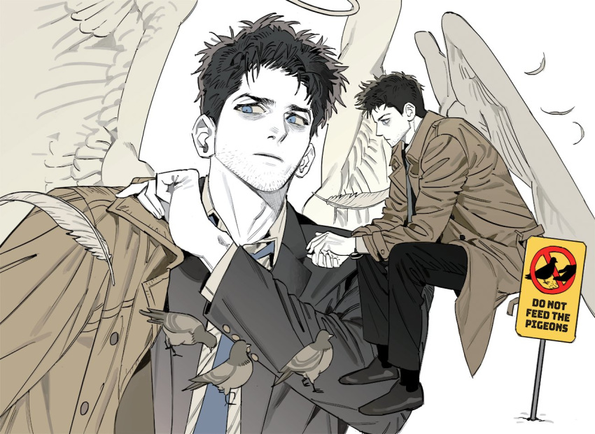 1boy, angel_wings, beard_stubble, bird, bird_feeding, black_footwear, black_hair, black_jacket