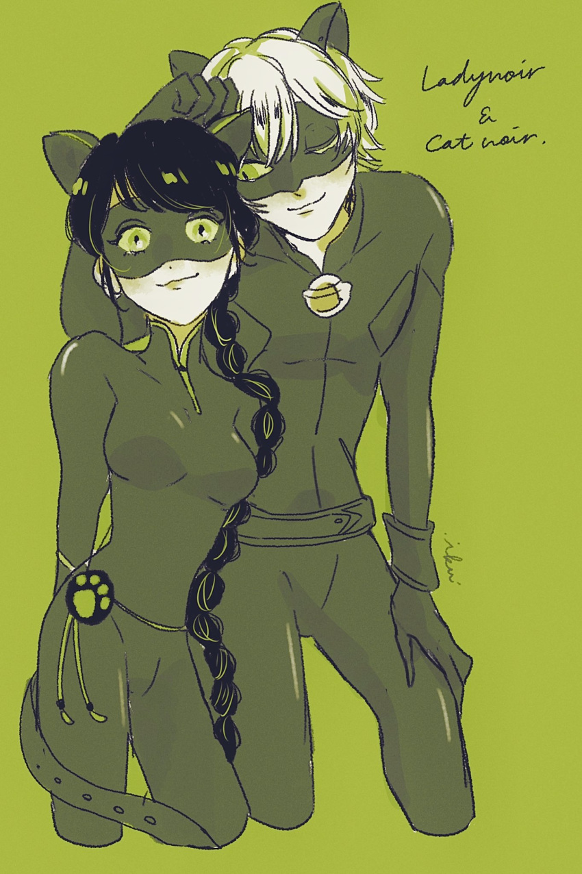 1boy, 1girl, adrien_agreste, animal_ears, bell, black_bodysuit, black_hair, black_mask, bodysuit, braid, cat_boy, cat_ears, cat_girl, chat_noir, closed_mouth, green_background, green_eyes, highres, jingle_bell, lady_noir, long_hair, looking_at_viewer, marinette_dupain-cheng, mask, miraculous_ladybug, oh_mylady19, short_hair, simple_background, single_braid, smile, superhero_costume, white_hair