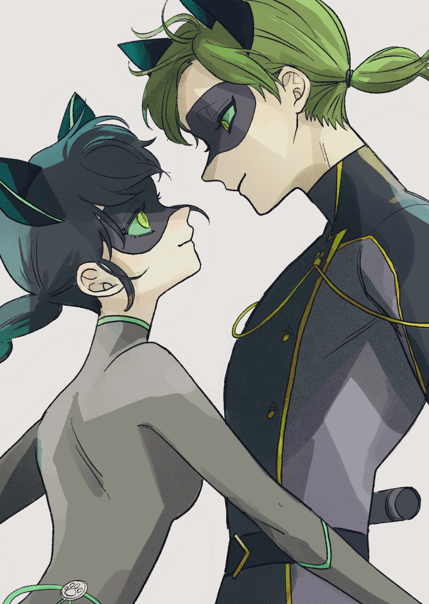 1boy, 1girl, adrien_agreste, animal_ears, black_bodysuit, black_hair, black_mask, bodysuit